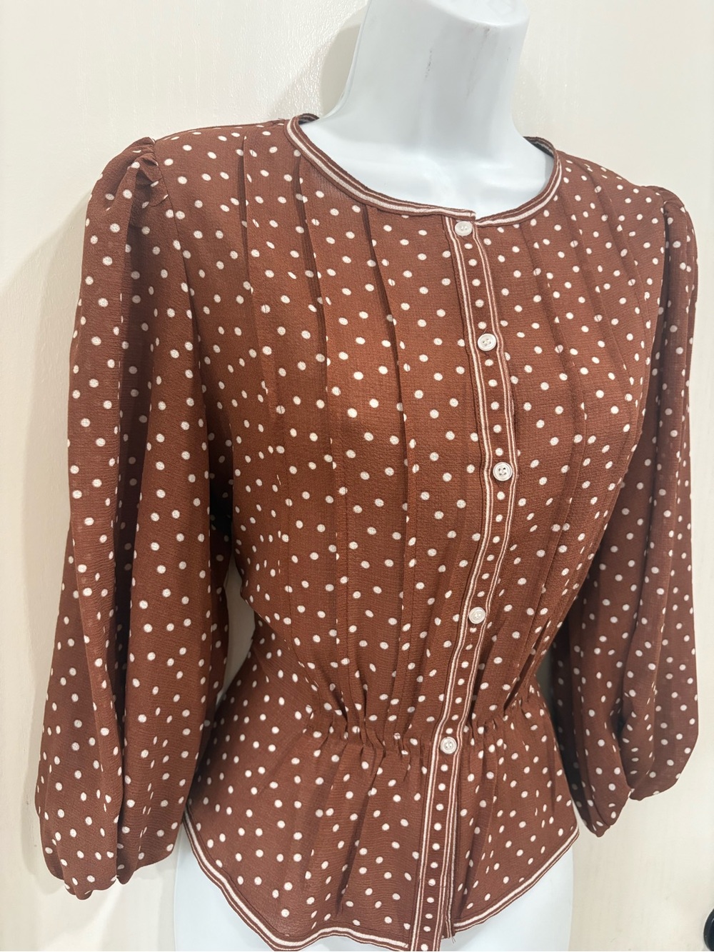 Max Studio Brown and White Polka Dot Long-Sleeve Peplum Blouse - Picture 2 of 6